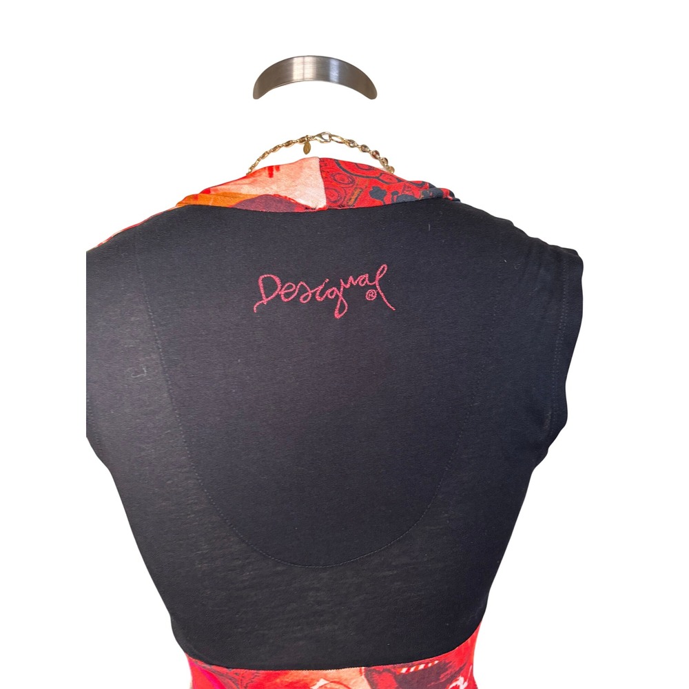 Abstract Floral Desigual Sheath Dress Twist Front Cowl Neck Size S/M Red Black - Picture 5 of 8